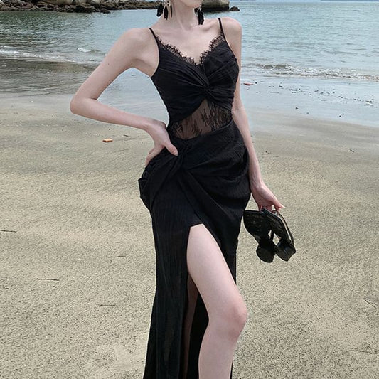 Slit Knot Dress Lace Panel Spaghetti Sheath Maxi Strap