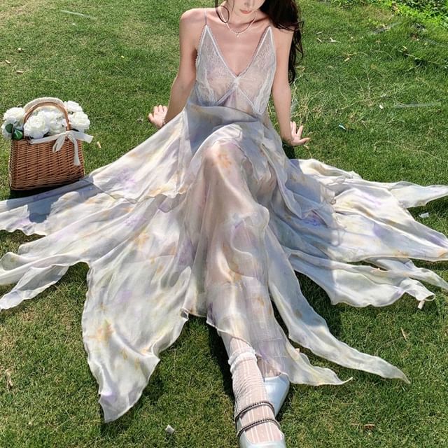 Sundress Panel A-Line Spaghetti Asymmetrical Midi Strap Floral Lace