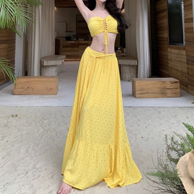 Lace-Up Crop Tube Set: Mid Top Rise Skirt A-Line Maxi +