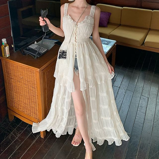 A-Line Dress Button Slit Plain Maxi Sleeveless