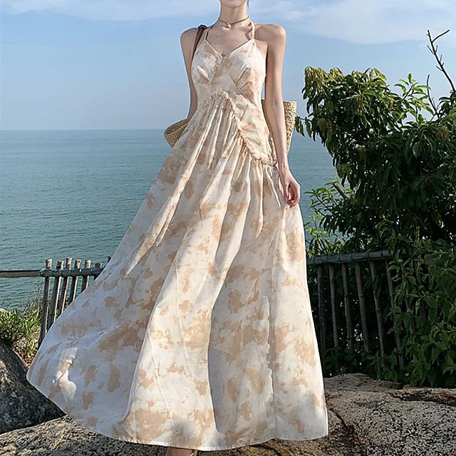 Ruffle Halter Floral Open Trim Maxi Dress Back A-Line