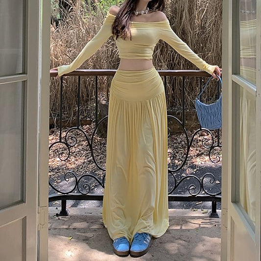 Maxi + A-Line Fit Skirt Set: Off-Shoulder Waist Plain Long-Sleeve Tee High Slim Crop