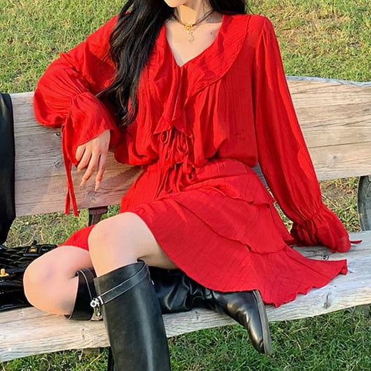 A-Line Skirt V-Neck + Blouse Set: Long-Sleeve Plain Tiered Mini