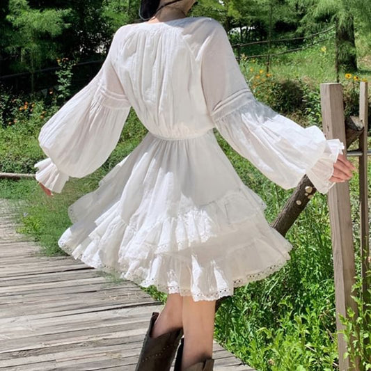 Dress Plain Trim A-Line Mini Lace Long-Sleeve Tiered