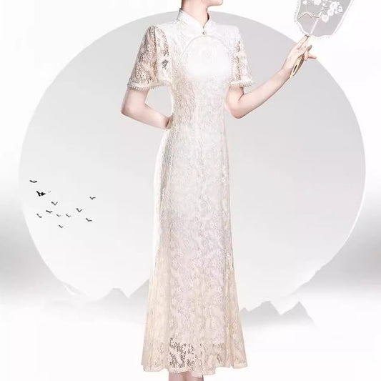 Short Sleeve Mandarin Collar Lace Midi Sheath Dress