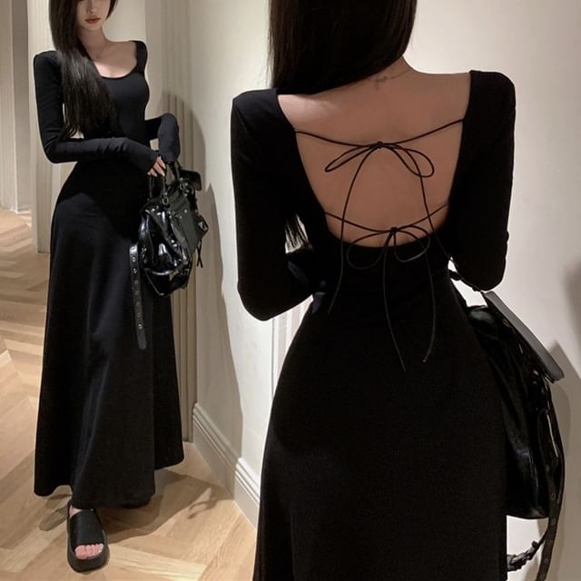 Long-Sleeve Neck Back Dress Open Plain Maxi A-Line Round