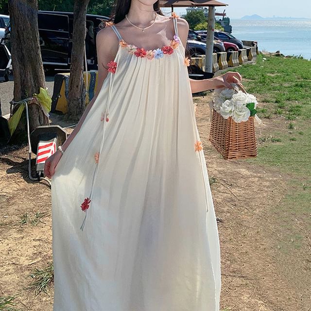 Dress A-Line Flower Strap Midi Accent Spaghetti