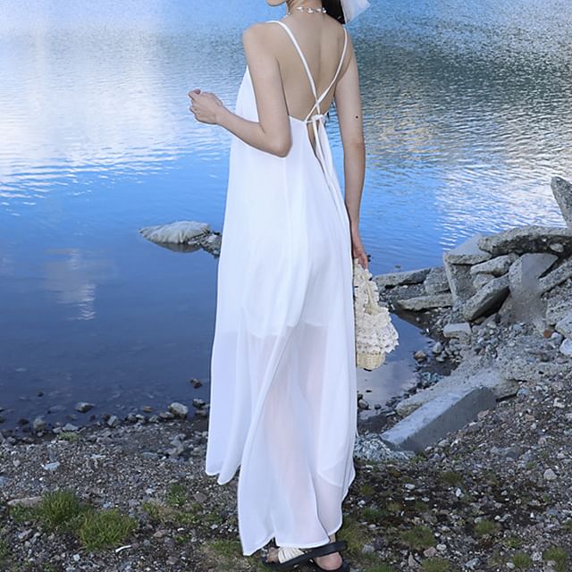 Midi Asymmetrical Plain A-Line Spaghetti Strap Dress