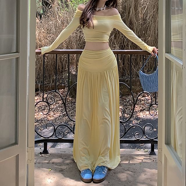 Maxi + A-Line Fit Skirt Set: Off-Shoulder Waist Plain Long-Sleeve Tee High Slim Crop