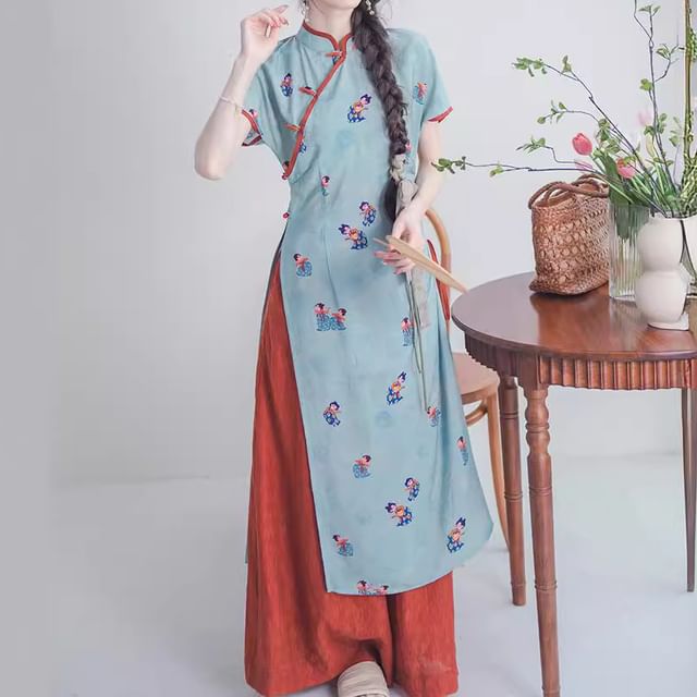 Short-Sleeve Floral Slit Midi Qipao / Mid Waist Wide Leg Pants / Set