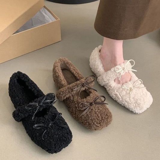 Bow Square Hidden Wedge Shoes Fleece Toe Mary Jane