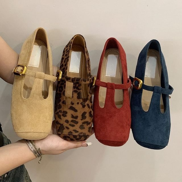 Flats Toe Square Suede T-Strap Faux