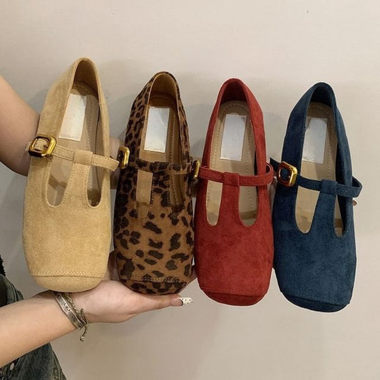 Flats Toe Square Suede T-Strap Faux