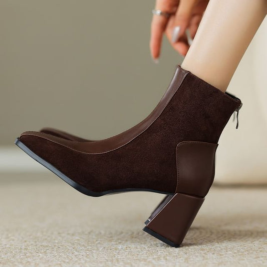 Square Heel Panel Boots Faux Toe Suede Block Short