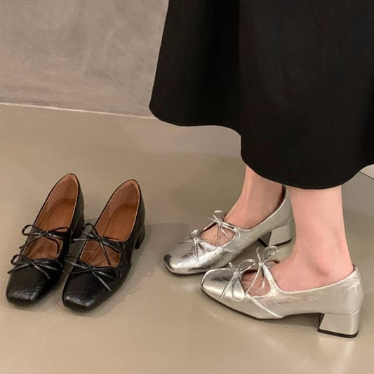 Toe Block Jane Pumps Heel Square Mary Bow