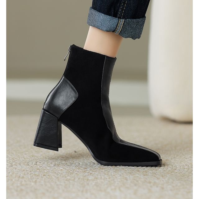 Square Heel Panel Boots Faux Toe Suede Block Short