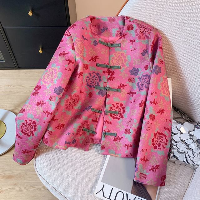 Crew Neck Floral Print Cropped Knot Button Jacket