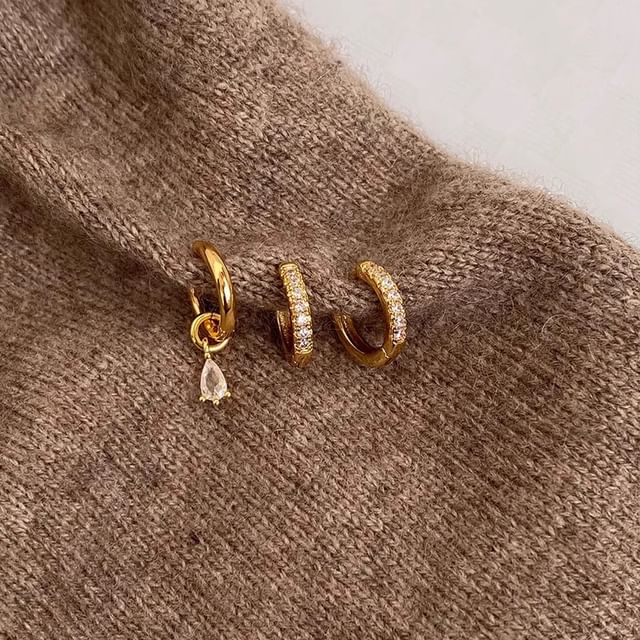 Earring Alloy + of 3: Rhinestone Drop Huggie Set