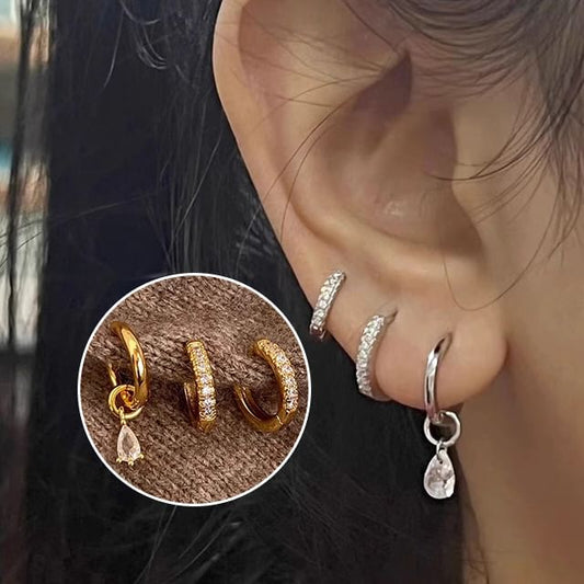 Earring Alloy + of 3: Rhinestone Drop Huggie Set