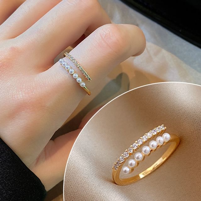 Pearl Rhinestone Ring Freshwater Open