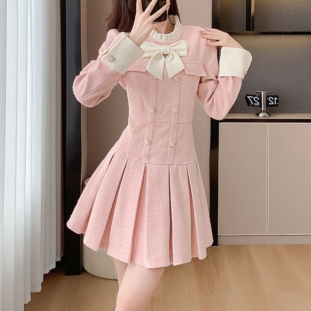 Long Sleeve Stand Collar Bowknot Tweed Mini Pleated A-Line Dress