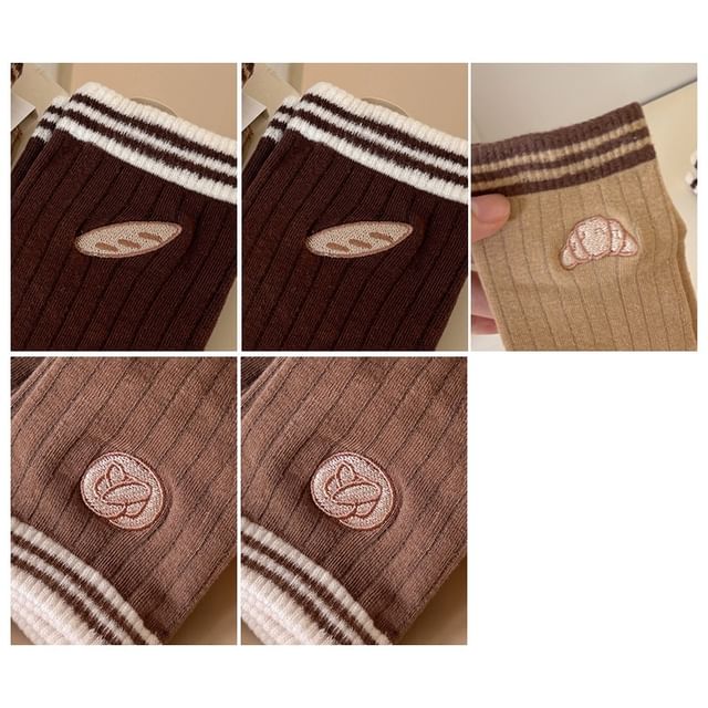 Striped Embroidered Ribbed Short Socks Set