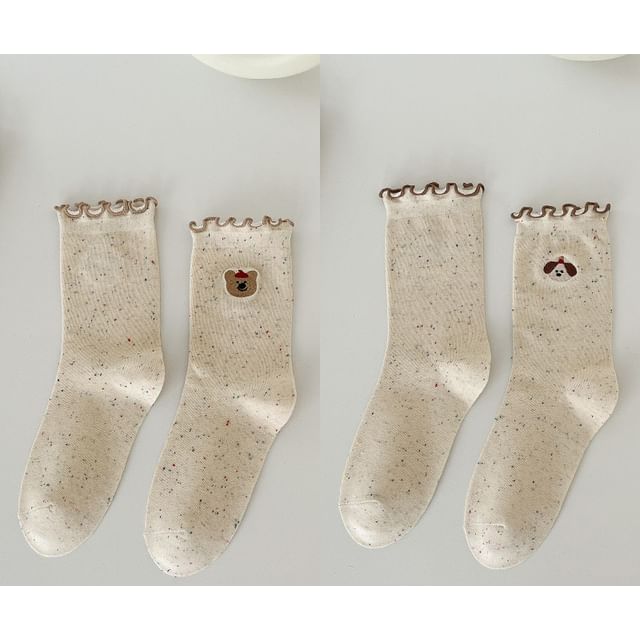 Animal Embroidered Melange Frill Short Socks Set