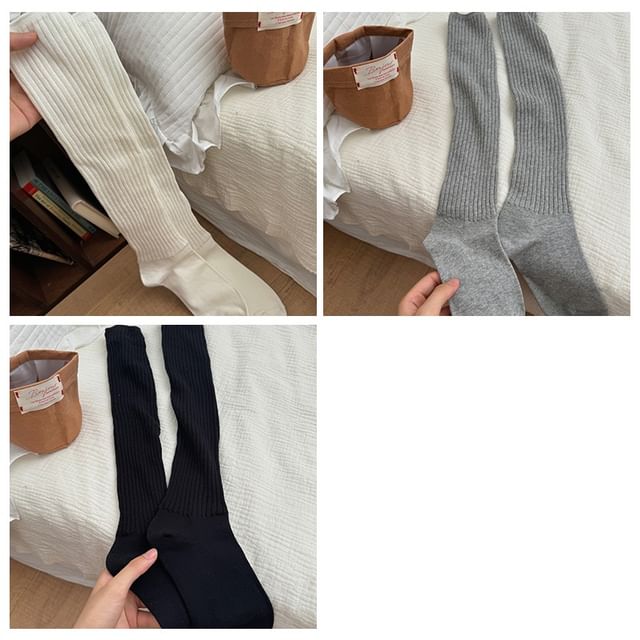 Plain Ribbed Knee High Socks Set