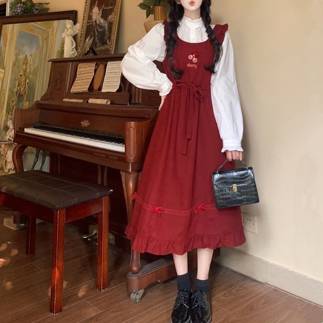 Long Sleeve Stand Collar Plain Frill Blouse / Cherry Embroidered Bow Ruffle Midi A-Line Overall Dress