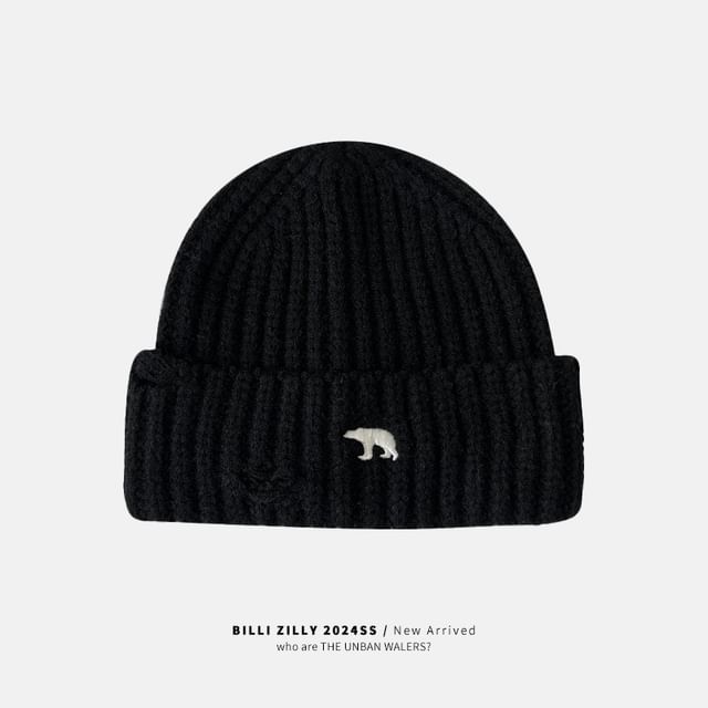 Bear Embroidered Knit Beanie