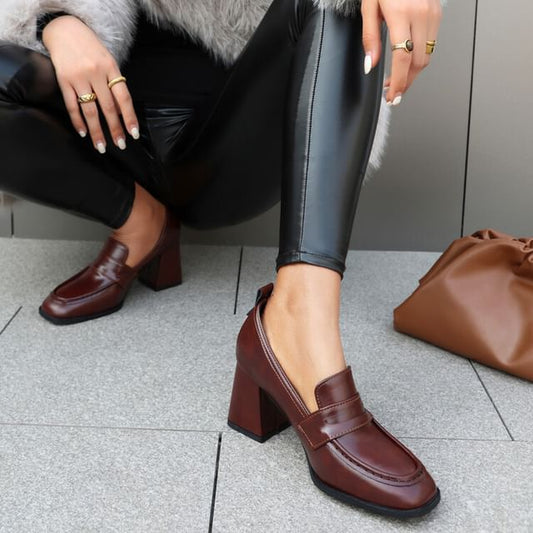 Chunky Faux Loafers Leather Penny Heel