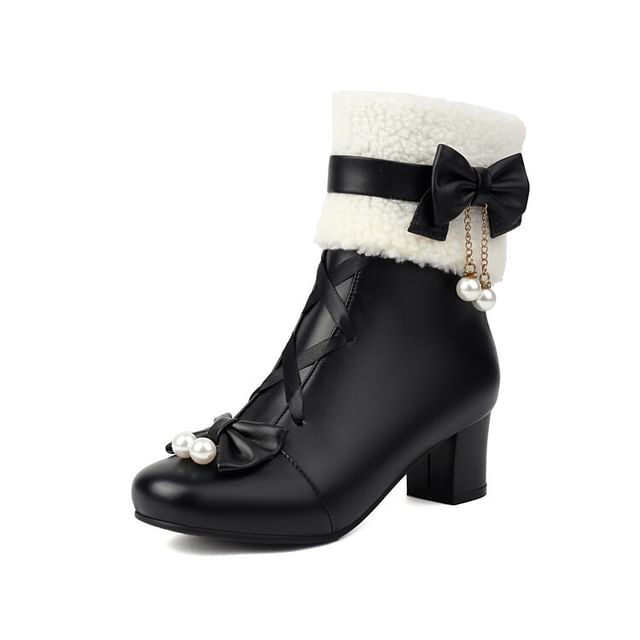 Fleece Heel Chunky Bow Panel Boots Short