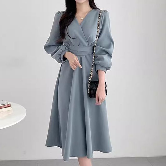 Puff-Sleeve V-Neck Plain Midi A-Line Dress