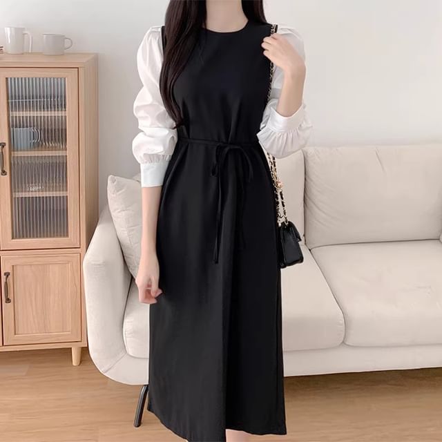 Puff-Sleeve Crew Neck Plain Tie Waist Midi Sheath Dress