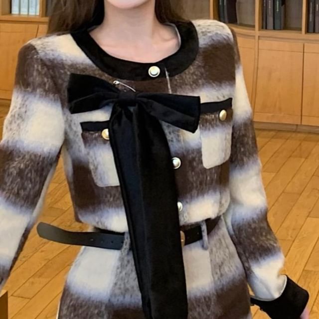 Bow Rise Accent Pencil Skirt High Crew Mini Neck / Contrast Button-Up Crop Jacket Trim Plaid