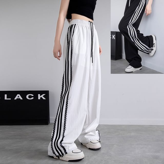 High Waist Lace-Trim Striped Loose-Fit Wide-Leg Sweatpants