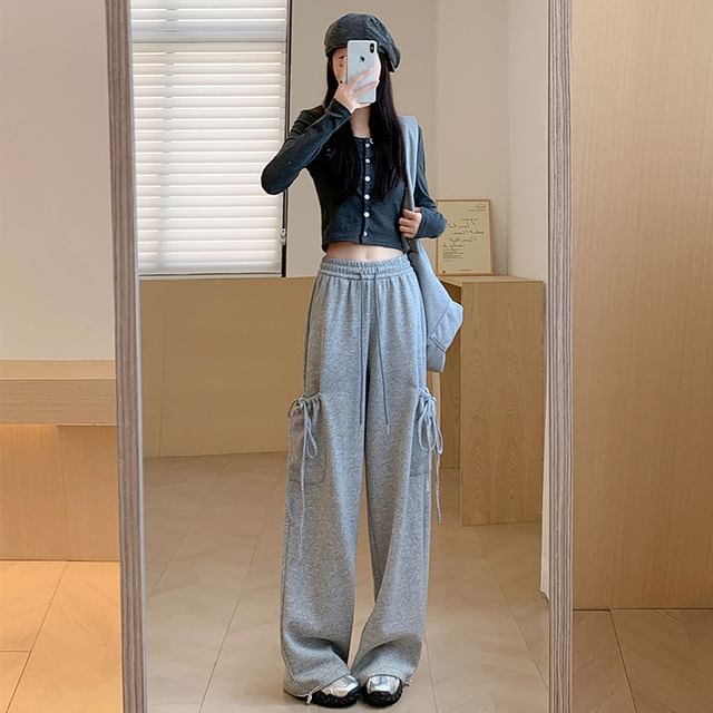 High Rise Plain Bow Accent Loose-Fit Wide-Leg Sweatpants