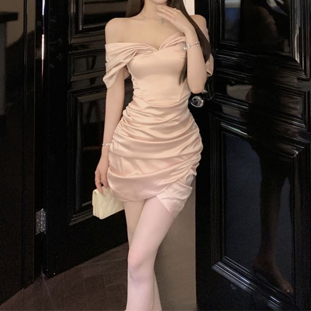 Asymmetrical Dress Plain Mini Ruched Cap-Sleeve Sheath Off-Shoulder