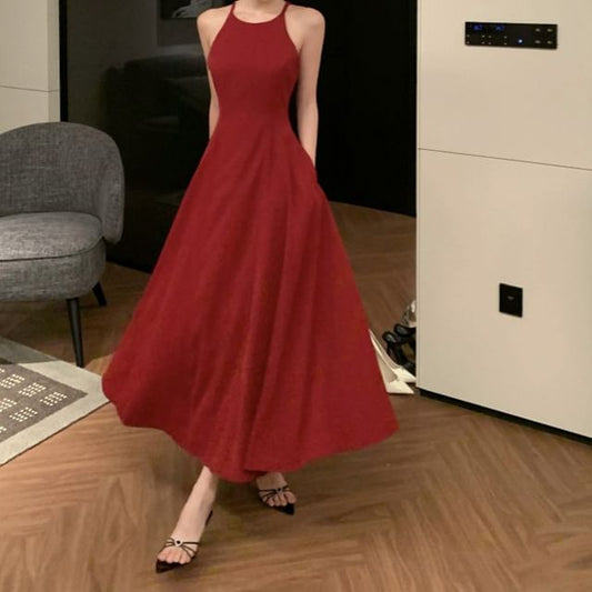 Dress Plain Strap Spaghetti A-Line Midi