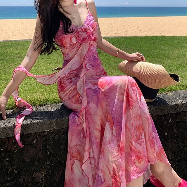 Sundress Strap Spaghetti A-Line Midi Trim Accent Flower Ruffle Tie Dye