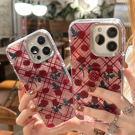 Plaid Adhesive Case Set Decoration / Rose Phone