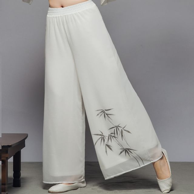 Flared-Sleeve Two Tone Maxi Hanfu Dress / Mid Rise Plain Wide Leg Pants