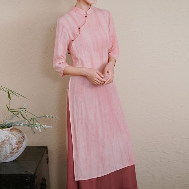 Elbow-Sleeve Striped Side-Slit Midi Hanfu Dress / Mid Rise Plain Maxi A-Line Skirt / Set