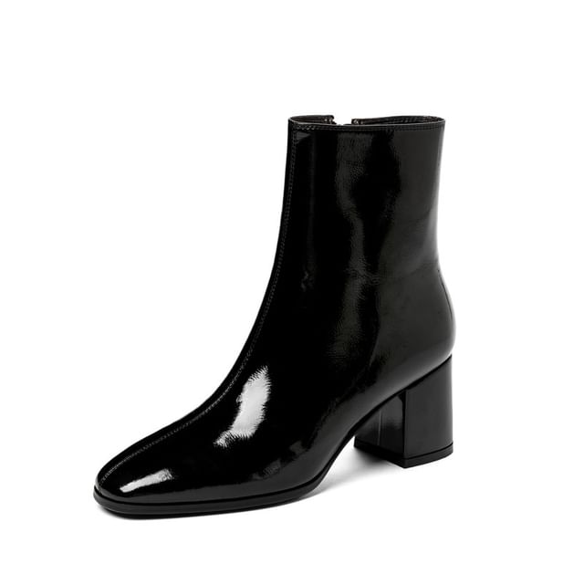 Chunky Boots Heel Patent Short Leather Plain Zip-Up