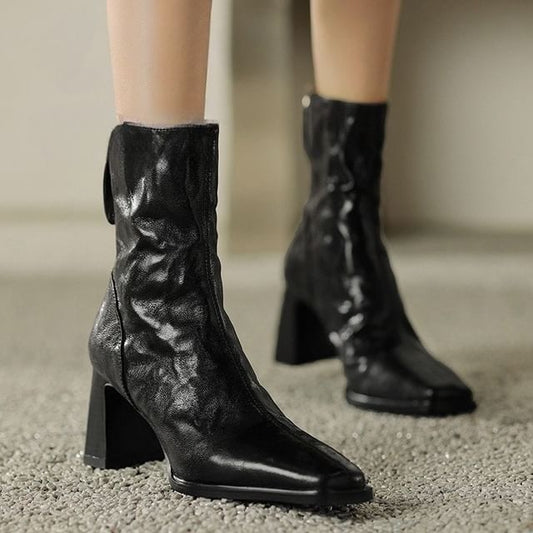 Short Zip Square Block Toe Boots Heel