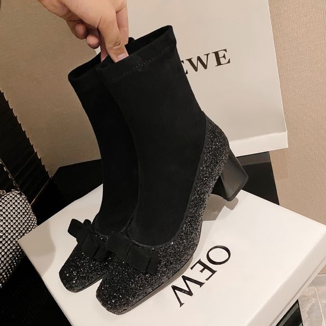 Heel Bow Short Boots Block Glitter Square Sock Toe