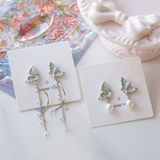 Butterfly Pearl Rhinestone Drop Faux Earring