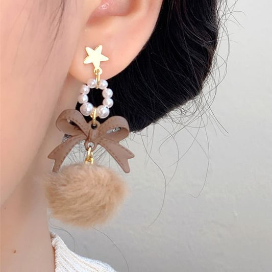 Pearl Bow / Faux Pom Earring Drop Clip-On
