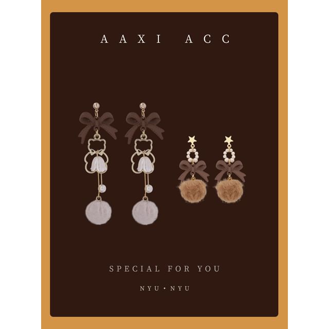 Pearl Bow / Faux Pom Earring Drop Clip-On