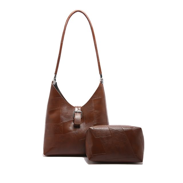 Set: Faux Leather Buckled Tote Bag + Pouch